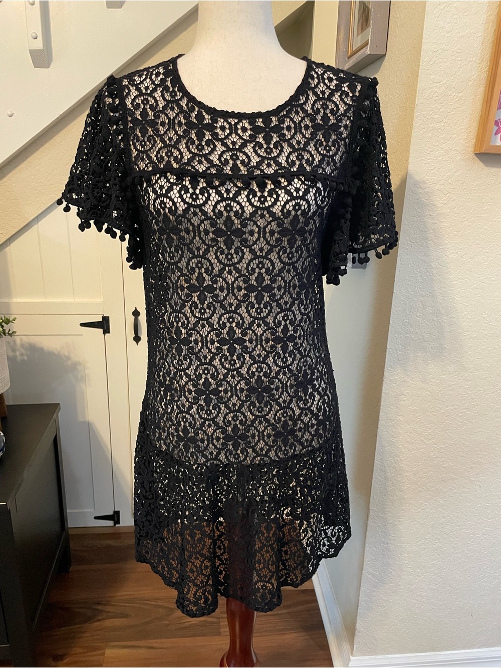 PilyQ Barcelona Black Geometric Lace Pom-Pom Trim Cover-Up Mini Dress Size XS/S